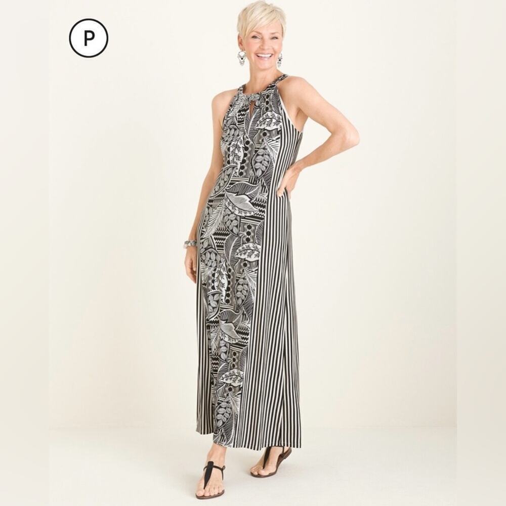 Chicos Tropical Print Flattering Stripes Halter Keyhole Tie Neck Maxi Dress 0P